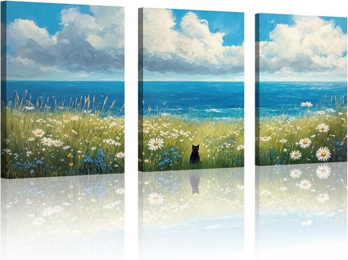 Black Cat Canvas Wall Art - Set of 3 Abstract Coastal Floral Prints | 12"x16" Wrapped Frame