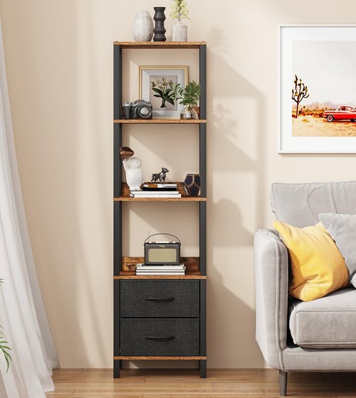 VIMBER Tall Bookshelf with Drawers, 6-Tier Tall Bookcase for Books, Garage Kit, CDs, Movies, Modern Standing Bookshelves Storage Organizer for Bedroom Office Living Room Rustic Brown USSJ002F