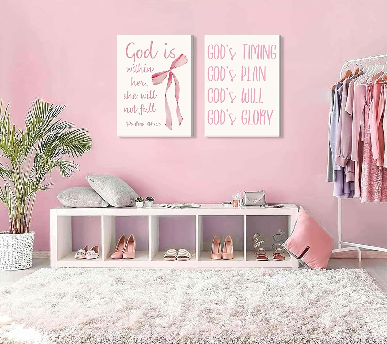 Coquette Pink Bow Canvas Wall Art - Inspirational Bible Verses for Girls' Room Decor | 12"x16" Framed Print