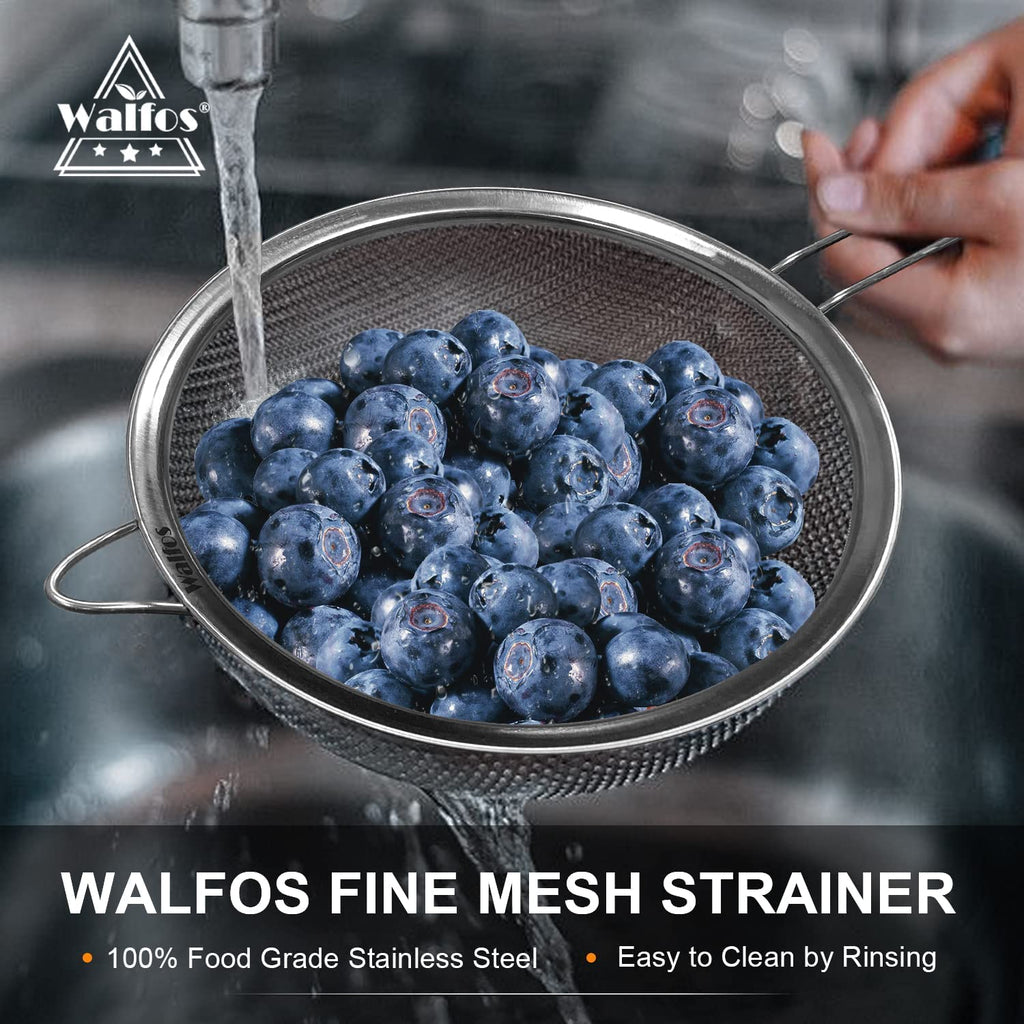 Walfos Large Fine Mesh Strainer 9.35" & 7.8", Stainless Steel Mesh Sieve with Sturdy Handle, Kitchen Metal Food Strainers for Quinoa, Rice, Pasta, Fruits, Vegetables, etc., Set of 2