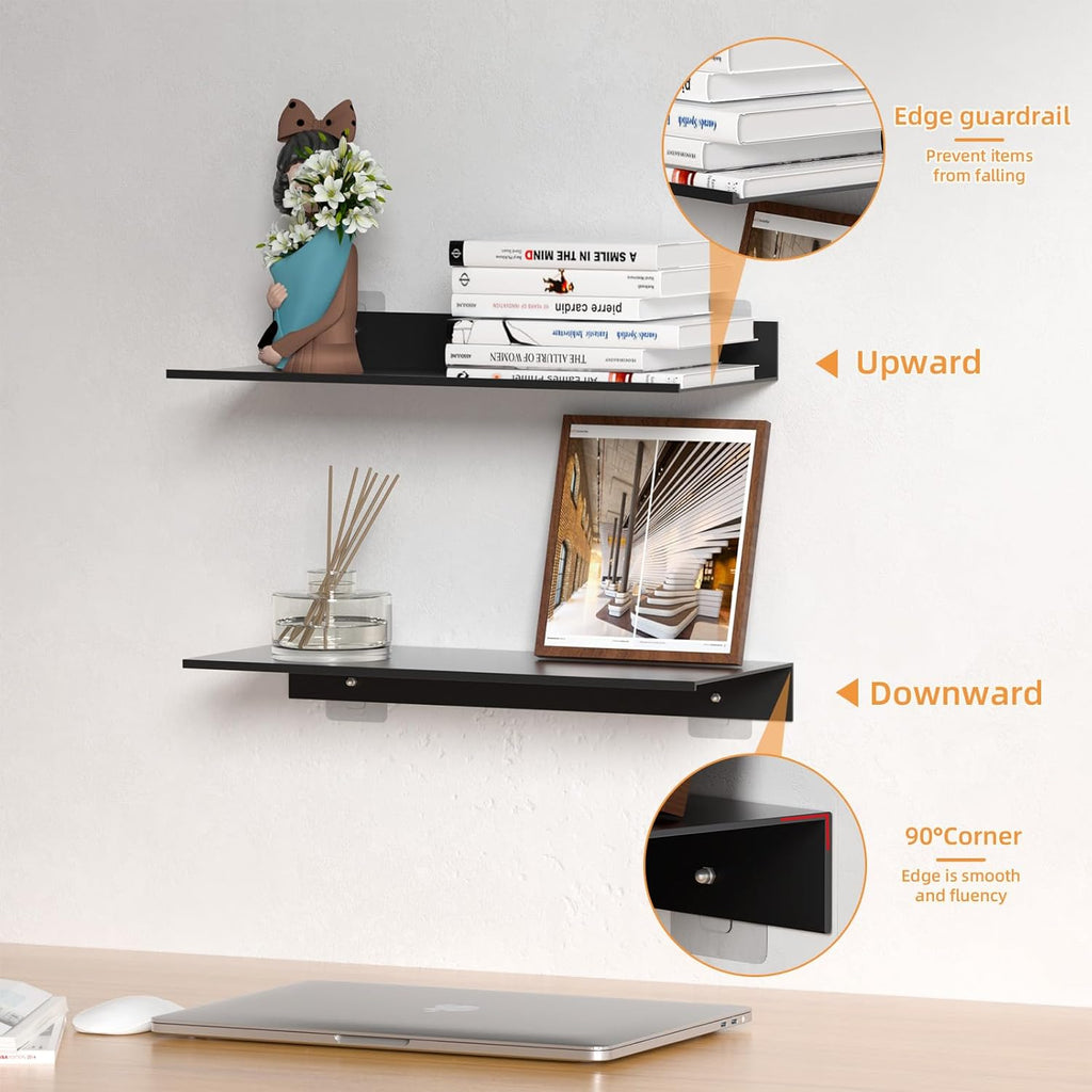 Wisfame Floating Shelves - Modern Wall-Mounted Metal Shelf Set of 2 for Living Room, Bedroom & Kitchen | 15.7in Black