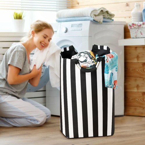 Large Laundry Hamper, White and Black Stripe Laundry Basket Foldable Clothes Bag with Handle Foldable Washing Bin