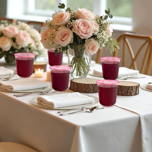 Qeirudu 50 Pcs Pink Plastic Cups, 12oz Disposable Stemless Wine Glasses Pink Cocktail Party Cups for Mother's Day, Meeting, Wedding, Birthday Party