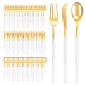 I00000 300 Pcs Gold Plastic Silverware - Gold Disposable Silverware - Premium White Cutlery Set Include 100 Forks 100 Knives 100 Spoons,Plastic Cutlery Party Set for Party & Wedding
