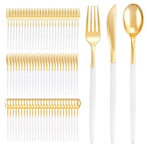 I00000 300 Pcs Gold Plastic Silverware - Gold Disposable Silverware - Premium White Cutlery Set Include 100 Forks 100 Knives 100 Spoons,Plastic Cutlery Party Set for Party & Wedding