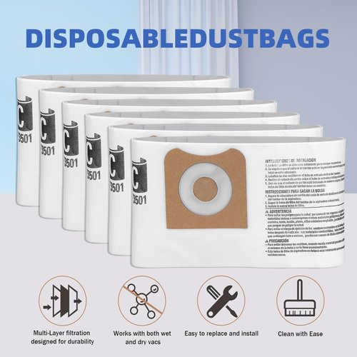 VF3501 Shop Vac Bags for Ridgid & Workshop 3-4.5 Gallon Vacuums - Replacement Dust Collection Bag - Replace Part# 23738 Size C WS32045F（12Pack)