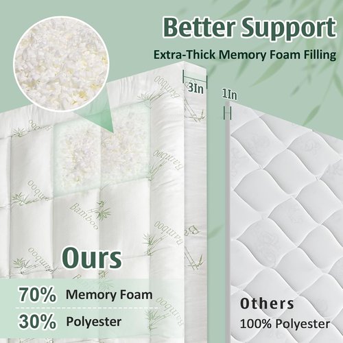 DOWNCOOL 3-Inch Queen Mattress Topper - Cooling Memory Foam for Back Pain Relief | Breathable Bamboo Viscose, Deep Pocket Fits 8-21 Inches