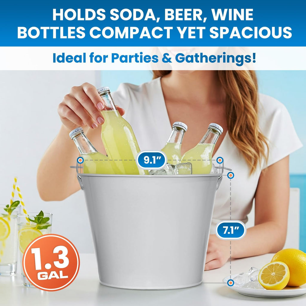 PLEXON Ice Bucket for Parties Coctail Bar Restaurant - Drink Beer Champagne Metal Pail Bucket with Handle, Beverage Chiller, 1.3 Gallon, Galvanized Steel, Gray, Set of 3
