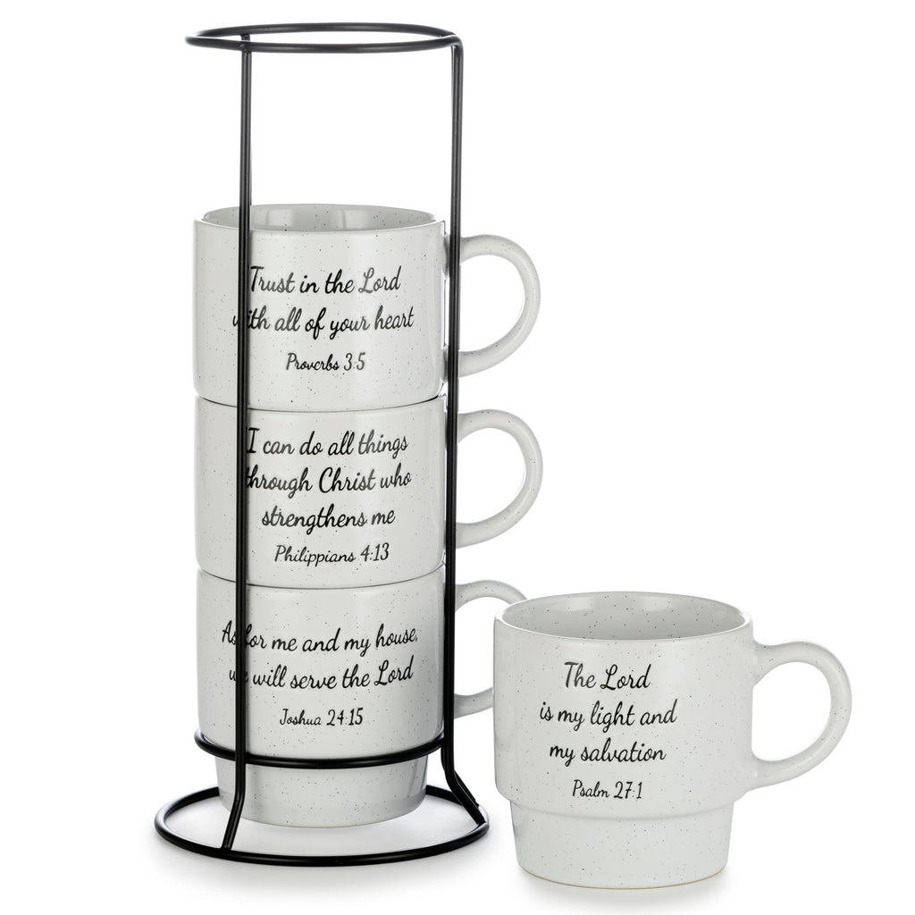 Signature Housewares Stackable Coffee Mug Tower Set with Metal Wire Rack - 15 Ounce Coffee Mugs for Coffee, Tea, Cocoa, Milk, Cappuccino, Hot Chocolate Set of 4 - Inspirational Bible Verses