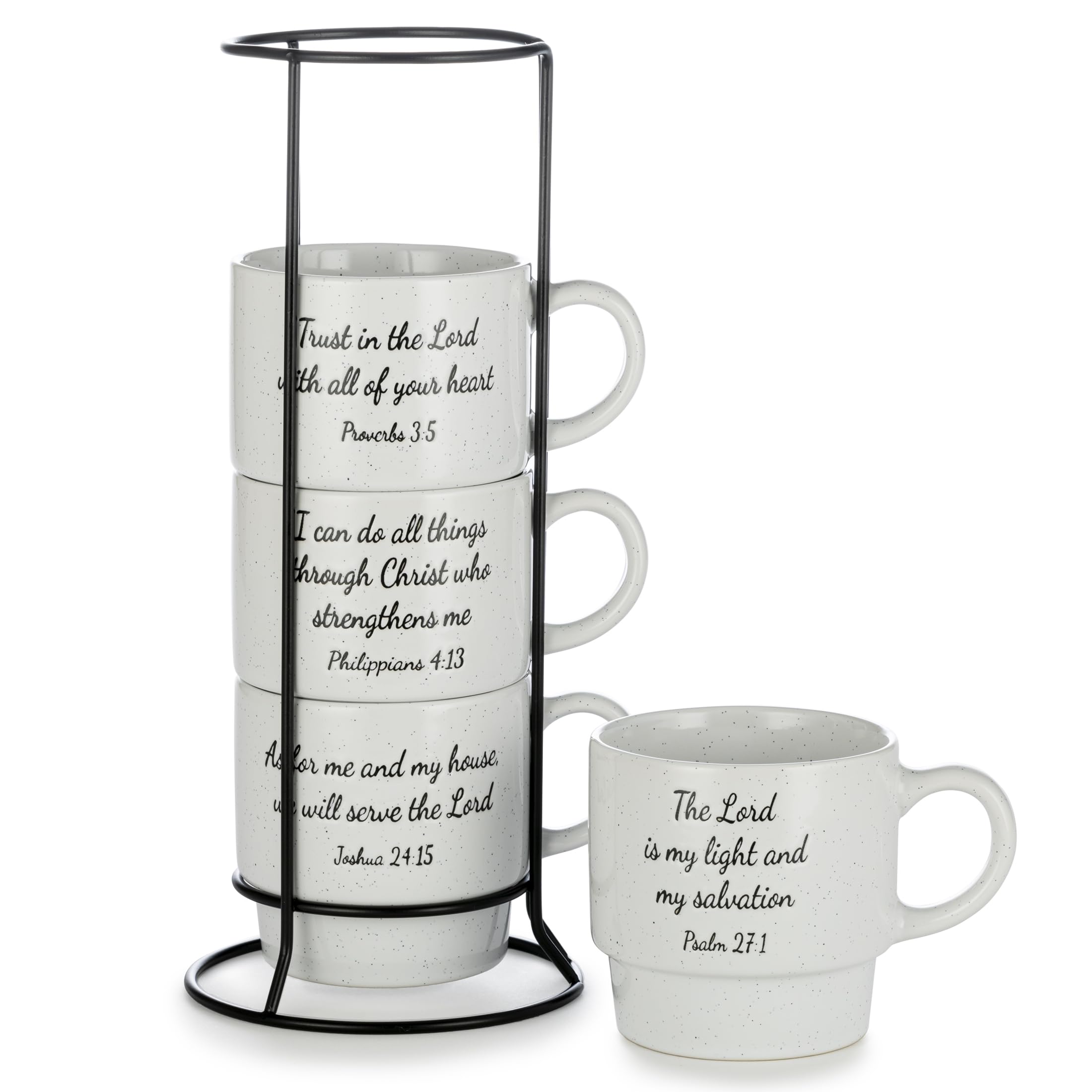 Signature Housewares Stackable Coffee Mug Tower Set with Metal Wire Rack - 15 Ounce Coffee Mugs for Coffee, Tea, Cocoa, Milk, Cappuccino, Hot Chocolate Set of 4 - Inspirational Bible Verses