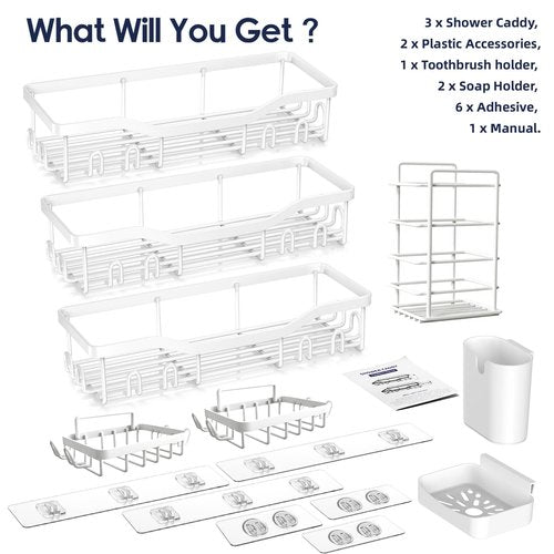 NESOMI Shower Caddy Adhesive Shower Organizer 8-Pack, Rustproof Stainless Steel Bathroom Shelves, Large Capacity No-Drill Rack Storage Accessories with Soap Dish Toothbrush Holder Hooks