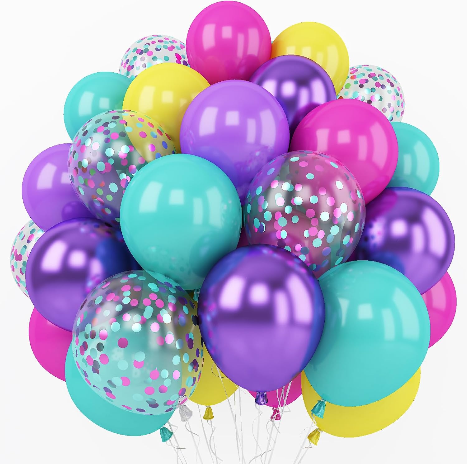 Skiennix 60 Pcs 12-Inch Hot Pink, Purple & Teal Balloons - Metallic Confetti for Kids' Birthday Parties