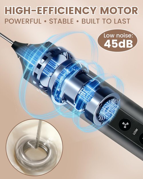 NeoRaydia Rechargeable Electric Milk Frother Handheld, 3-Speed Wireless Preventing Splashing Drink Mixer with Stand, 10-Second Frothing for Coffee, Matcha, Latte, Cappuccino, and Protein Shakes, Black