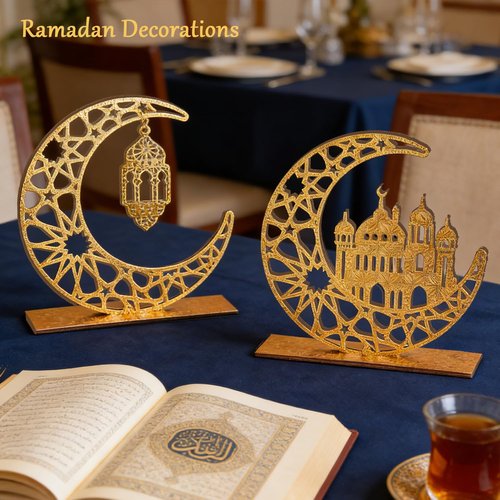 Ramadan Decorations, 2 Pieces Wood Ramadan Decorations for Home, Gold Islamic Crescent Moon & Mosque Table Sign, Ramadan Mubarak Kareem Home Decor Art Craft for Muslim, Eid Centerpieces Decor