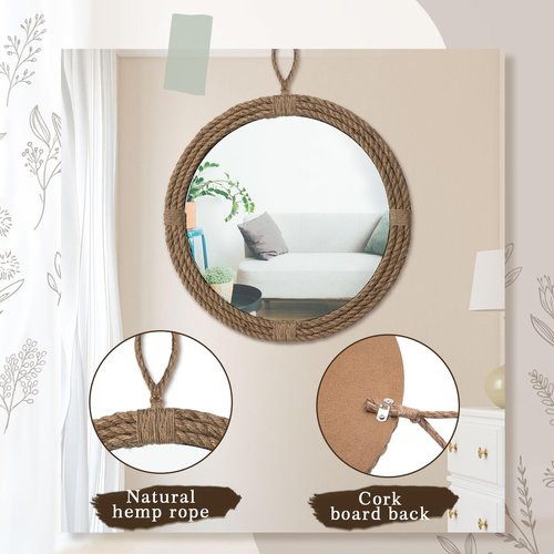 Vercraft Nautical Mirror 16 Wall Decor with Rope Wrapped Trim and Hanging Loop Round Circle Coastal Boho Mirror Nautical Rustic Decorative for The Living Room, Bedroom Bathroom and Entryway