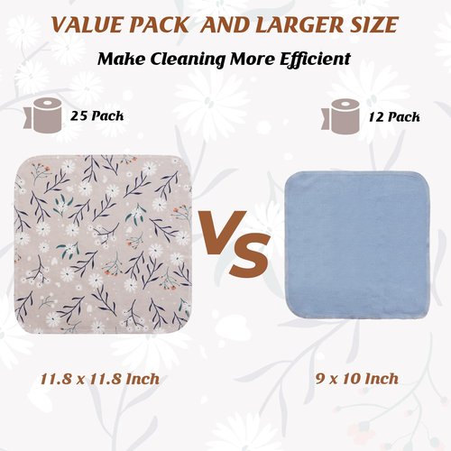 Poyday Paper Towels Washable Roll: 25Pack Cotton Cloth Paper Towels 11.8x11.8In Absorbent Soft Flannel Paperless Towels Alternative for Kitchen Reusable Napkins Zero Waste (Flower, Large)
