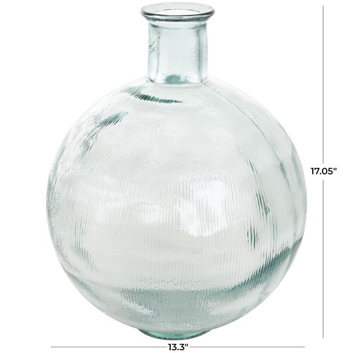 Deco 79 Recycled Glass Handmade Decorative Vase Ribbed Spanish Bottle Centerpiece Vase, Flower Vase for Home Decoration 13" x 13" x 17", Clear