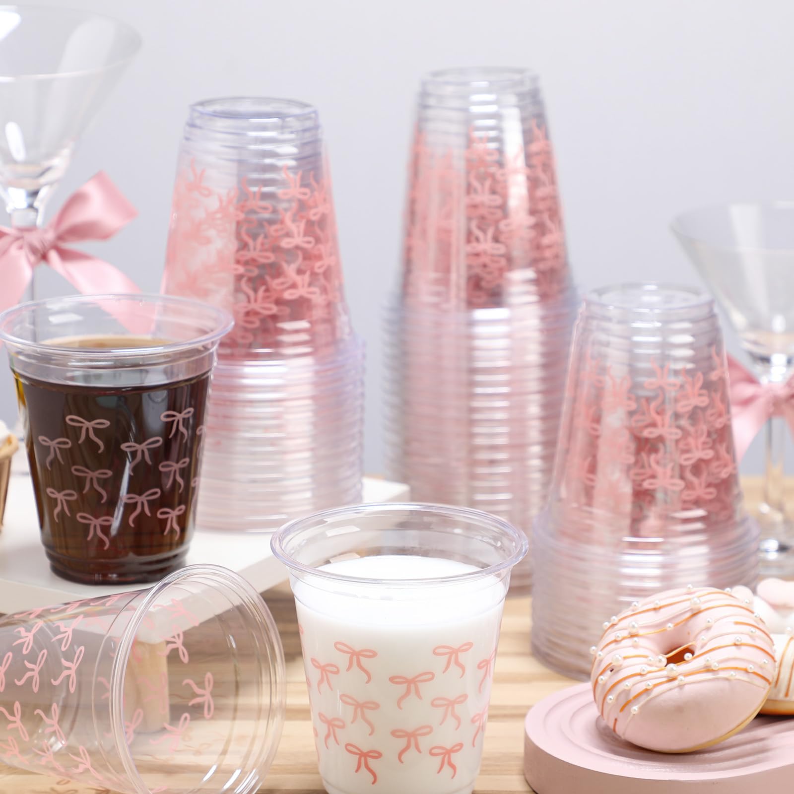 Yuxung 50 Pcs Pink Bow Snack Cups 12 oz Bow Plastic Cups Lovely Bowknot Tumbler for Just Wanna Be One Birthday Wedding Baby Shower Party Supplies