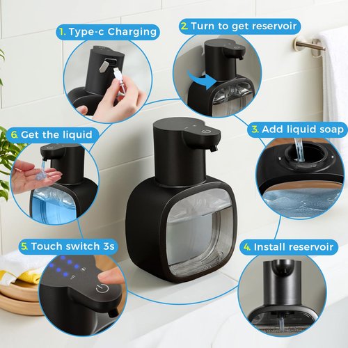 DODO MEKIA Automatic Liquid Soap Dispenser, 17oz/500ml Touchless Rechargeable with 4-Level Adjustable & IPX5 Waterproof - Level Display for Wall/Tabletop Use in Bathroom, Kitchen, Black