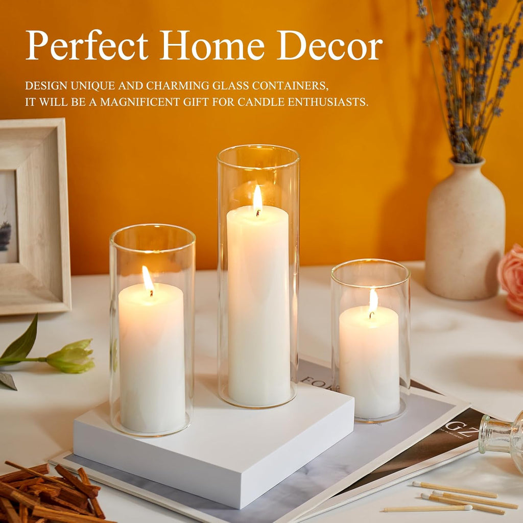 Regine Switzerland Set of 6 White Pillar Candles - Elegant Glass Hurricane Holders for Weddings & Home Decor