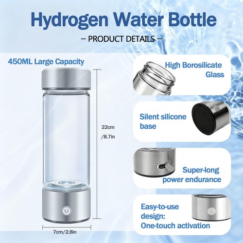 Hydrogen Water Bottle Generator, High-Concentration Hydrogen Water Maker, Up to 4000 PPB, with SPE/PEM Technology, Portable USB Rechargeable for Home Office Travel Fitness Drinking