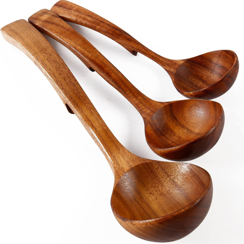 Skiennix Wooden Ladle - Natural Teak Cooking Spoon Set | Non-Stick, 3 Sizes Available