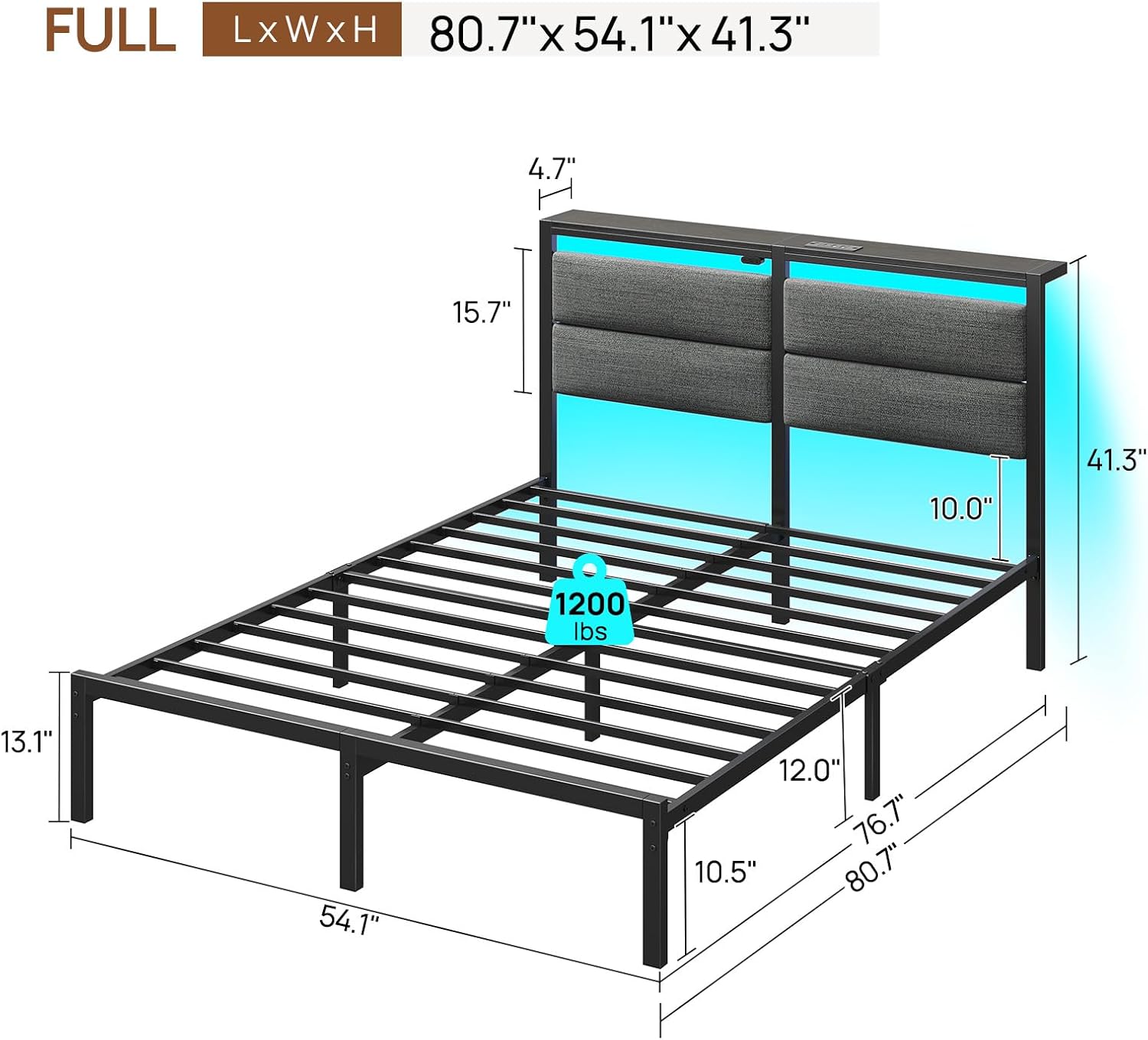 Rolanstar Full Size Bed Frame - Upholstered Storage Headboard with Charging Station & LED Lights | Grey