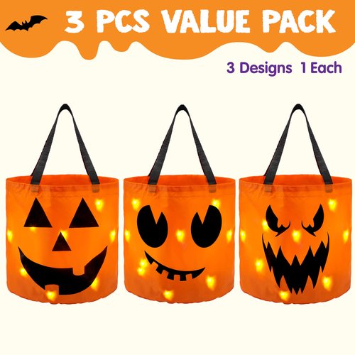 JOYIN 3 PCS Halloween Candy Pumpkin Buckets, 10.2 x 11.8 LED Light Trick or Treat Buckets, Orange Reusable Goody Treat Baskets for Kids Polyester Bags, Halloween Birthday Party Favor Supplies