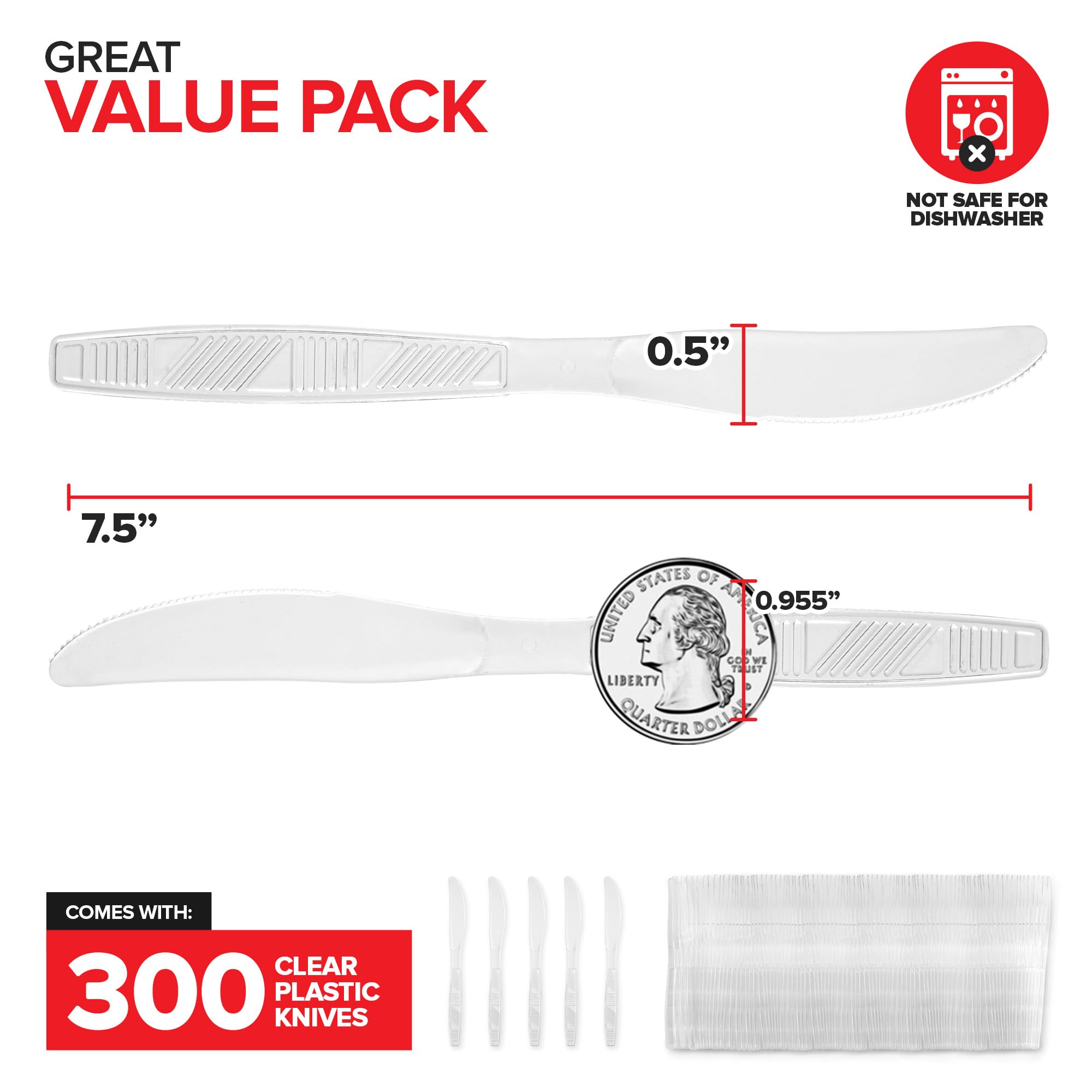 Stock Your Home Clear Heavy Duty Knives (300 Pack), Plasticware Disposable Knives Bulk, Plastic Utensils for Party Supplies