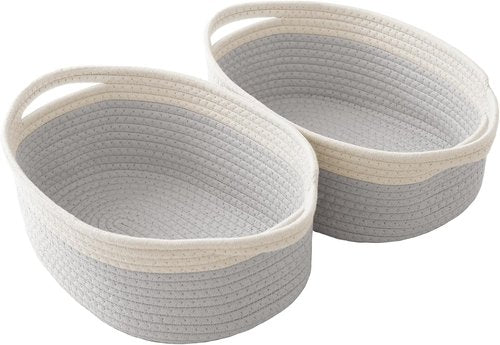 JMvicyroam Woven Storage Baskets - Small Rope Bins with Handles for Organizing Shelves | White & Grey, 2 Pack