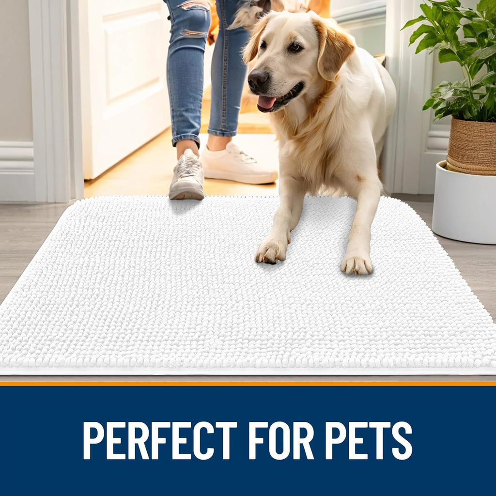 OLANLY Dog Door Mat - Absorbent Non-Slip Washable Chenille Mat for Muddy Paws | 40x24 Inches, White