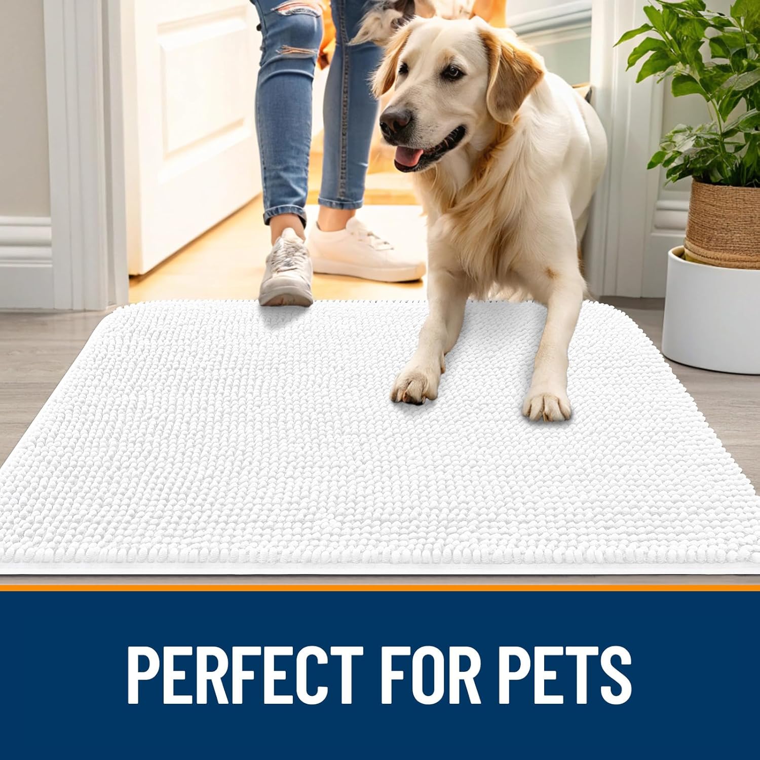 OLANLY Dog Door Mat - Absorbent Non-Slip Mud Mat for Indoor Use | Quick Dry Chenille, 48x30, White