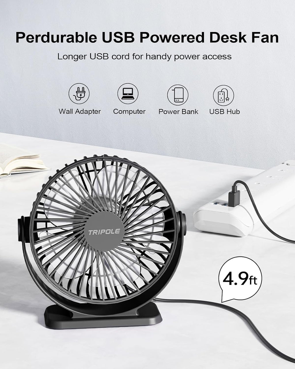TriPole USB Powered Mini Desk Fan - 3 Speeds, 360° Rotation, Strong Airflow | 5.1 Inch Black