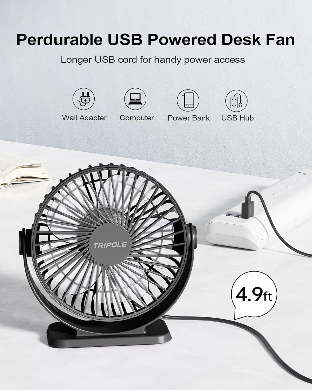 TriPole USB Powered Mini Desk Fan - 3 Speeds, 360° Rotation, Strong Airflow | 5.1 Inch Black