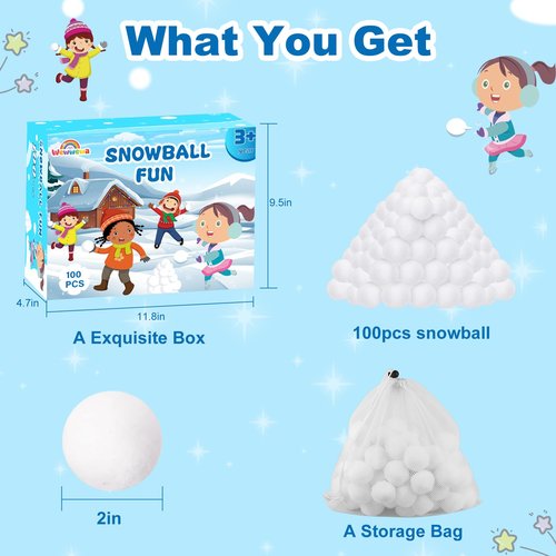 Wewwewa 100 Pcs Fake Snowballs Fight Set: Soft Artificial Snow Balls with Drawstring Bag for Kids and Adults, Indoor Outdoor Snow Toys, Christmas Games, Party Favors, Winter Wonderland Decor Gifts