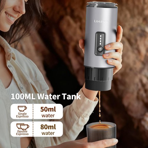 Loezora Stainless Steel Portable Espresso Maker – 20Bar, 7500mAh Rechargeable, 3-in-1 for Nespresso/DG Capsules & Ground Coffee, Self-Heating, Best Value for Camping Car Travel (Silver