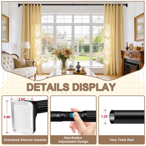 YNL Tension Curtain Rods No Drilling, One-Click Extra Long Heavy Duty Tension Rod 39-122Inch, Outdoor Curtain Rods for Patio, Window or Bathroom, Easy to Install, Renter Friendly, No-slip, Black