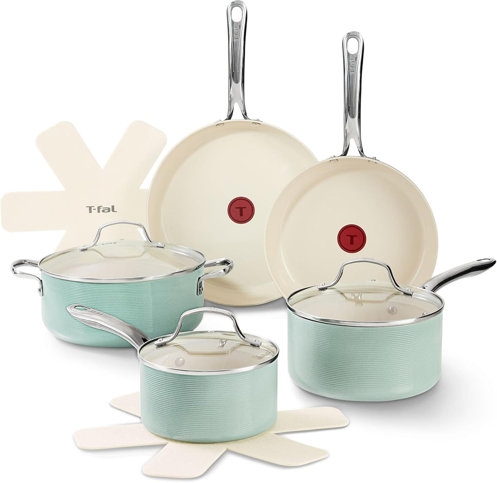 T-Fal Inspire Nonstick Ceramic Cookware Set - 10-Piece, Oven Safe to 500°F, Mint Green Pots & Pans