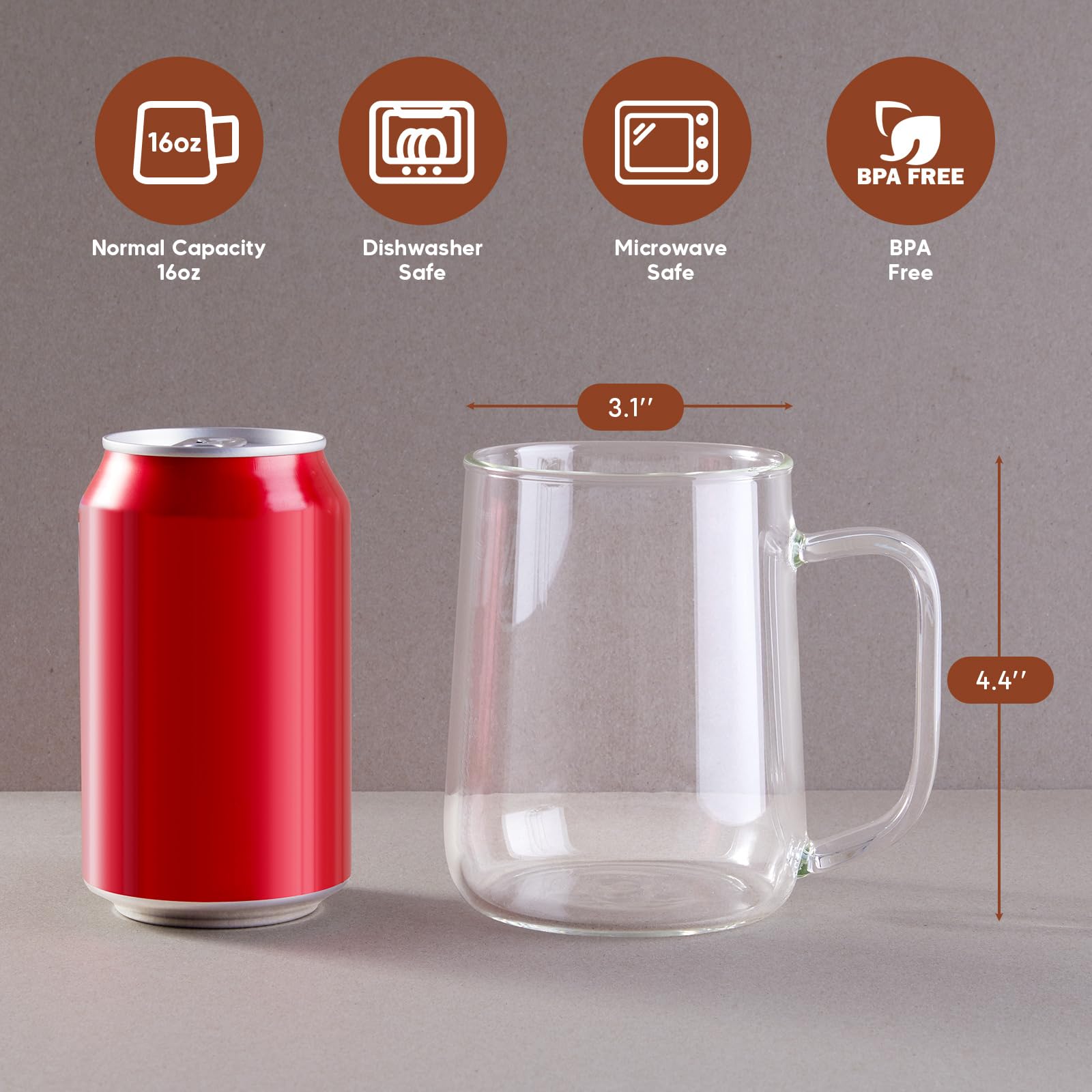 ZMZKKLL Glass Coffee Mugs, 16 oz Glass Coffee Cups Set of 4, Clear Borosilicate Glass Mugs with Handles for Cappuccino, Tea, Latte, Hot/Cold Beverages, Wine, Americano
