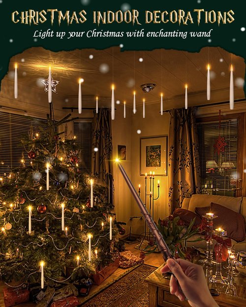 Floating Candles with Wand 10PCs - Magic Hanging Candles Christmas Decorations Flameless Taper Candles with Remote, Floating Lights Gifts for Window Home Bedroom Wedding Birthday Party Indoor Decor