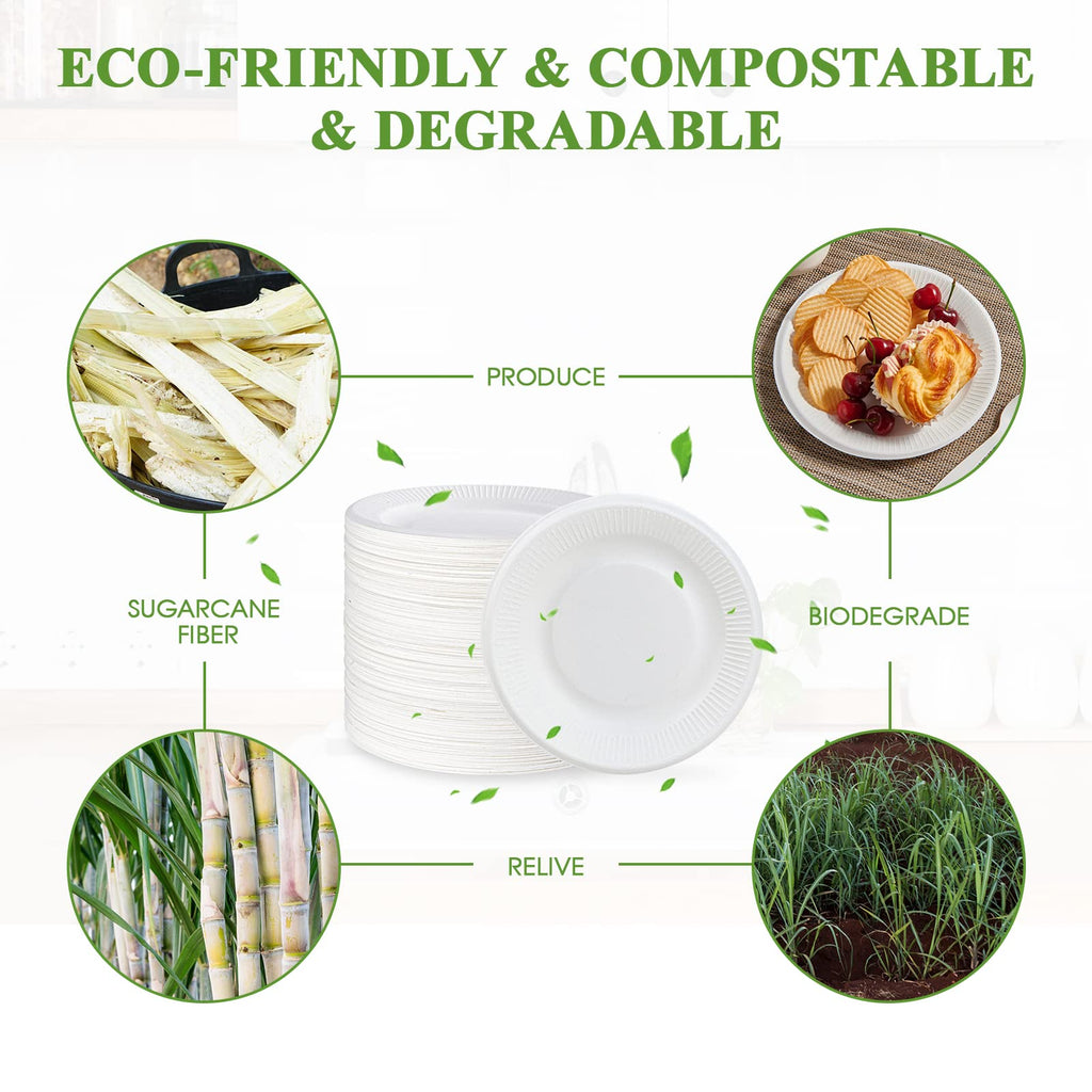 Vplus 100% Compostable Paper Plates, 200 Pack 7 Inch Disposable Paper Plates, Uncoated Biodegradable, Made of Sugar Cane Fibers, Perfect for Sandwich, Cake, and Snack