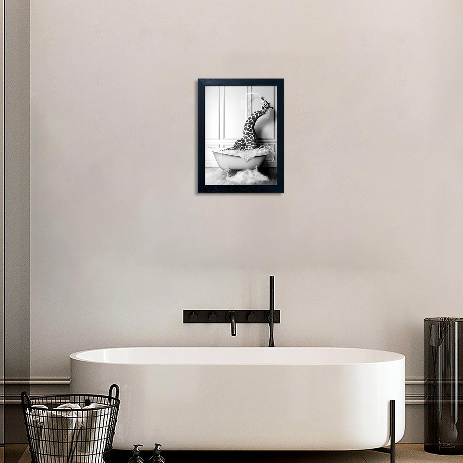 Skiennix Framed Animal Bathroom Wall Art - Funny Giraffe in Bathtub Canvas Print | Black and White Decor for Kids' Bathrooms