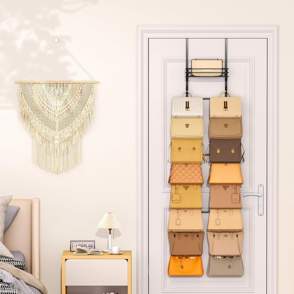 SWTYMIKI Over The Door Purse Organizer - Wall Mounted Handbag Storage Rack with 16 Hooks & Metal Basket