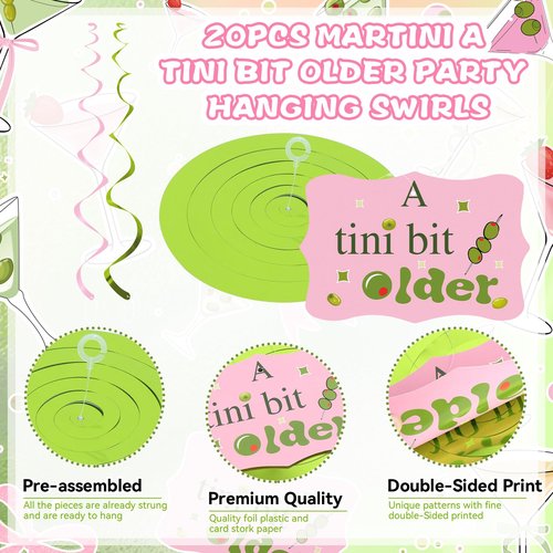 20pcs A Tiny Bit Older Birthday Party Hanigng Swirl Decor, Martini Bow Party Decor, Tini Bar Party Ceiling Streamers for Girls Martini Birthday Party, Martini Bachelorette Bridal Shower Party Supplies