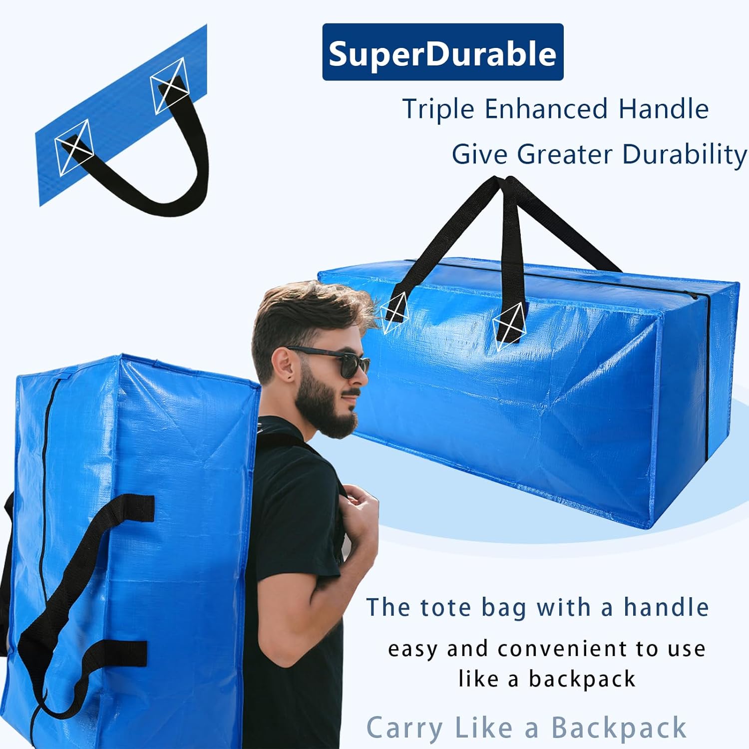 Skiennix 4 Pack Heavy Duty Extra Large Moving Bags - Strong Handles & Backpack Straps - Blue Storage Solution