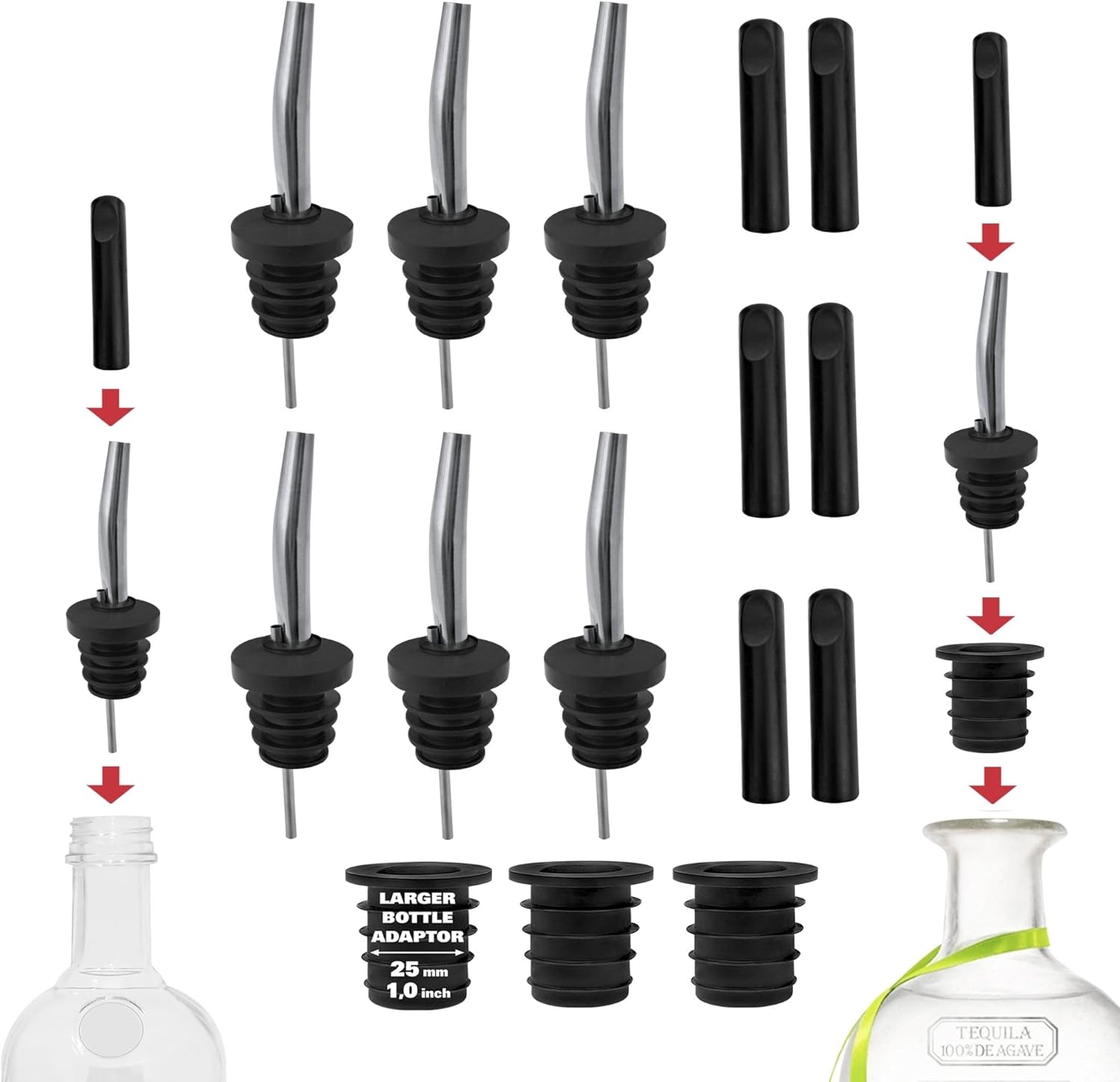 Stainless Steel Liquor Bar Bottle Pourers - Drip-Free Nozzle - Pour Spouts for Alcohol & Bartending - Universal Fit Speed Spout - Rust-Free & Easy Clean - Chrome (6 Pack)