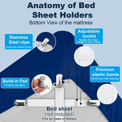 BRTERMA Premium Adjustable Bed Sheet Clips with Elastic Straps and Clips for Securely Holding Sheets in Place, Fits Mattresses from 20" to 79"（Black）