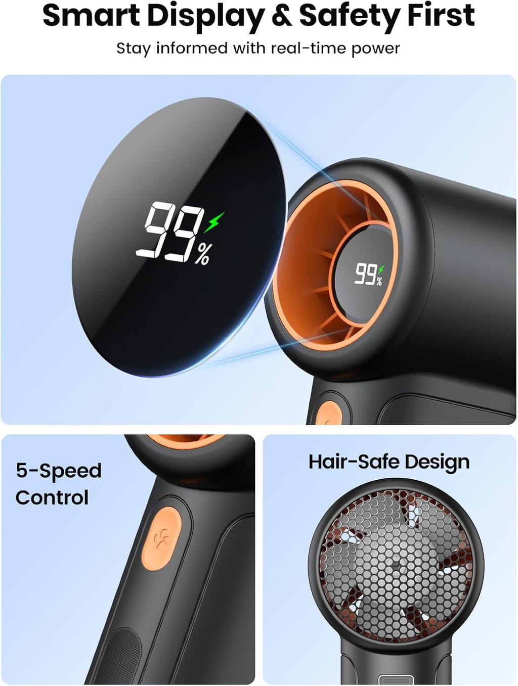 Warmco 10000mAh Turbo Portable Handheld Fan - 36H Runtime, USB Rechargeable, 5 Speeds & LED Display for Travel
