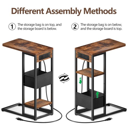 C Shaped End Table with Charging Station, Small Side Table for Couch Recliner, Slide Under Sofa Desk Snack Tables with Storage Bag & AC / USB Outlet, Small Spaces Drink Tables for Living Room, Bedroom