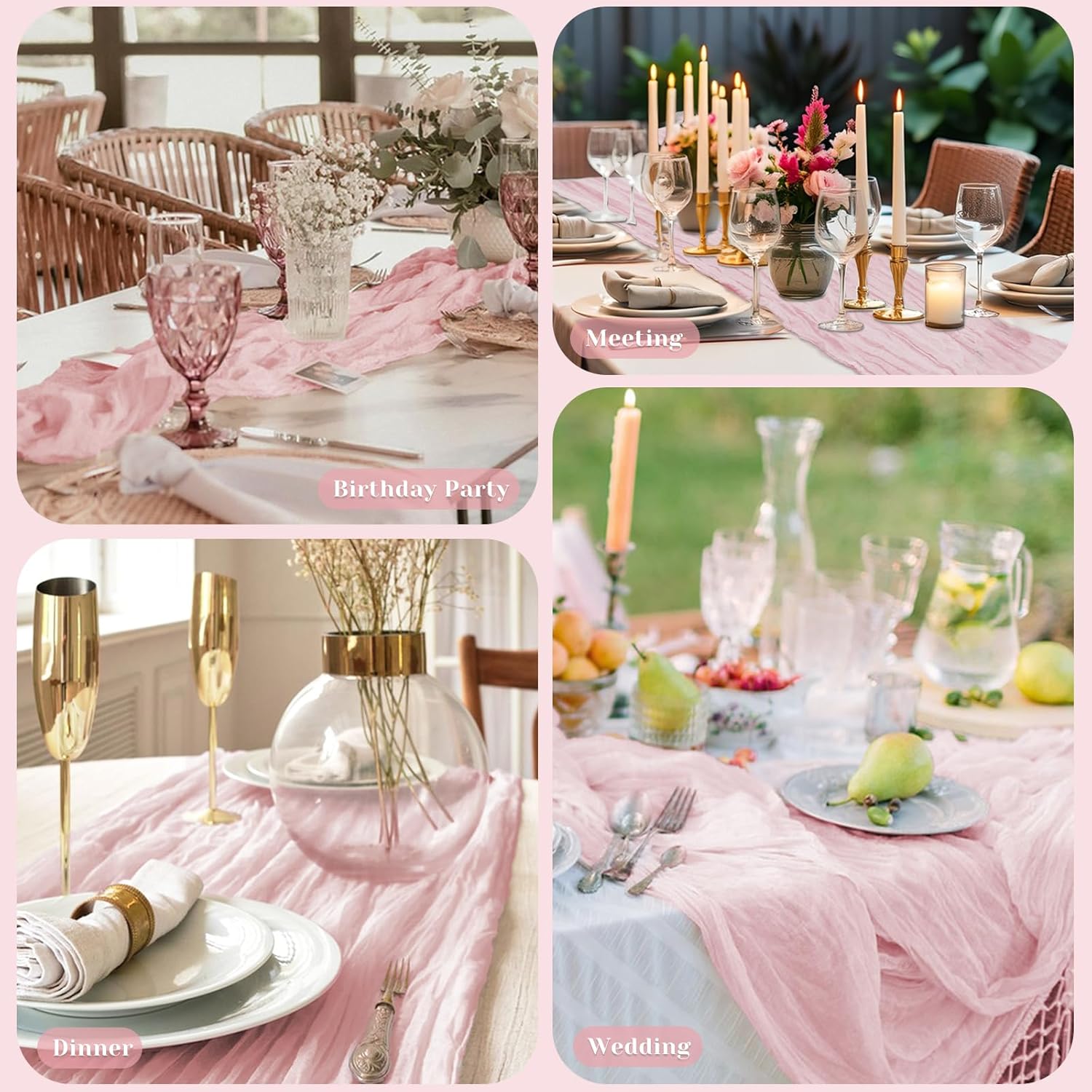 Regine Switzerland Pink Table Runner - 10 Ft Rustic Gauze for Weddings, Parties & Showers | Boho Style